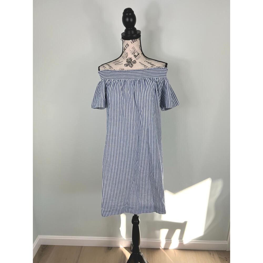 J.Crew white and blue striped off the shoulder mini dress